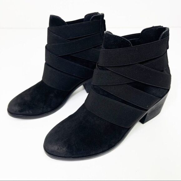 Eileen Fisher Boots Sz 6.5 Suede Black Willis Elastic Cross Straps Ankle Bootie - Picture 3 of 11